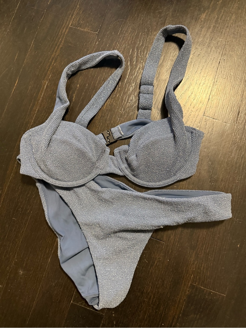 Textured Light Blue Women's Bikini Set - Padded Top & High-Cut Bottom